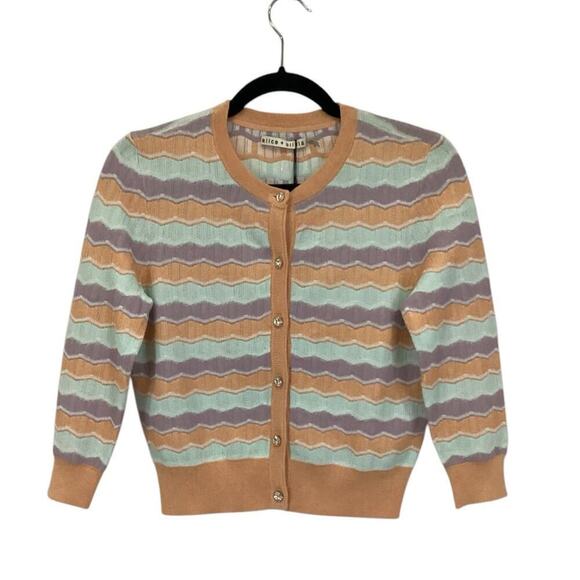 Alice + Olivia Wave Stripe Summer Knit Cardigan In Pastels Size Small - Picture 3 of 11